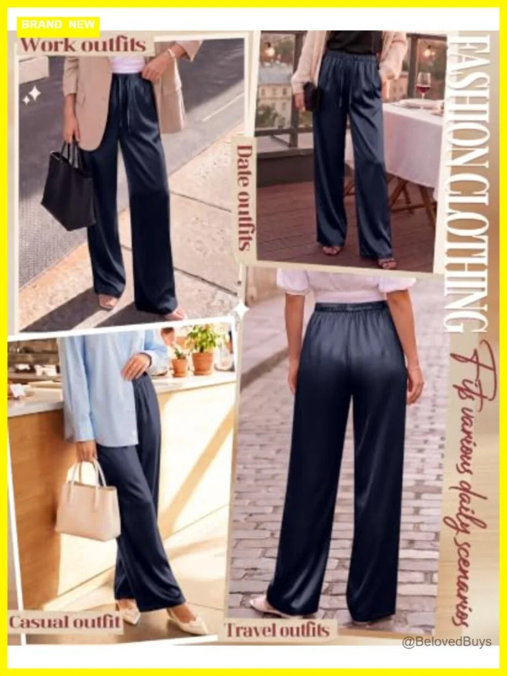 Satin Wide Leg Pants Flowy Dressy Trousers Drawstring Elastic Waist Pockets